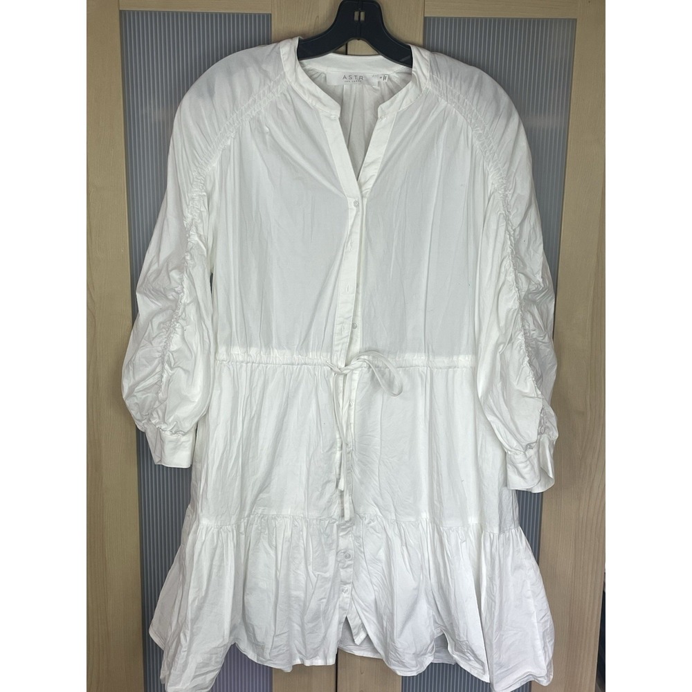 ASTR The Label White Ruffle Mini A-Line Dress S Cotton Puff Sleeve Casual Resort - Picture 2 of 7